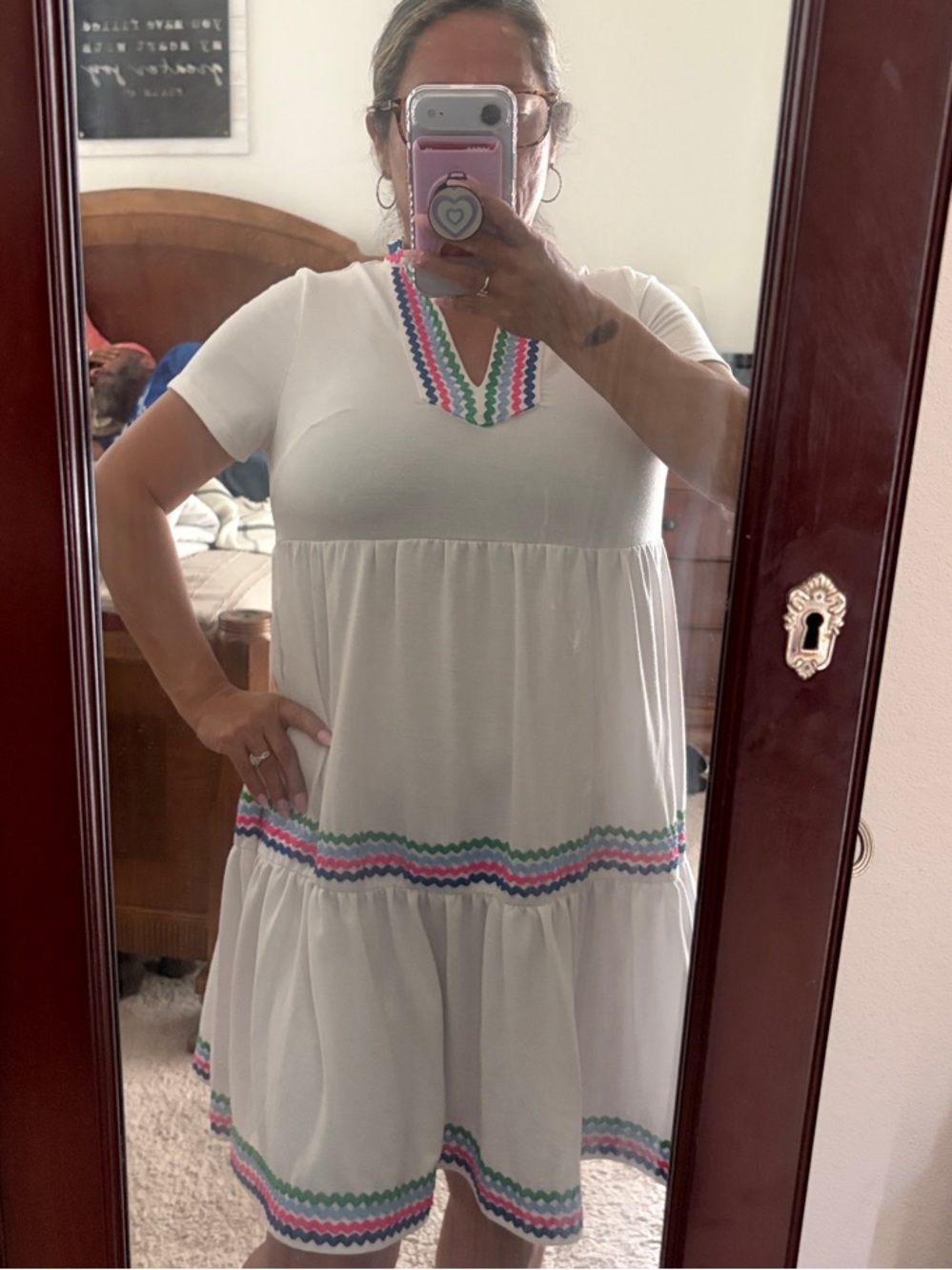 crown & ivy White Mini Dress with Pink, Blue & Green Trim